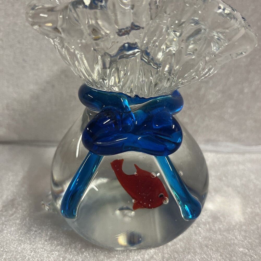 Murano Style Goldfish In A Bag Paperweight Art Glass  Blue Bow
